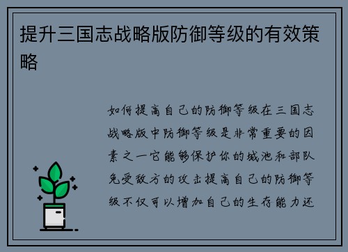 提升三国志战略版防御等级的有效策略